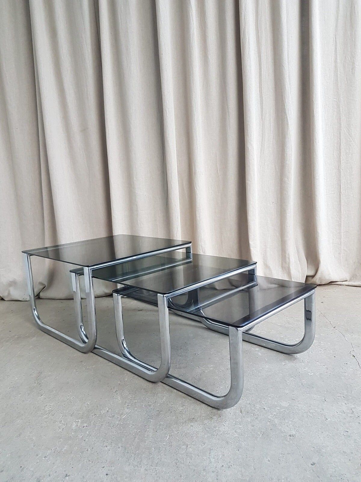 Furniture Vtg Mid Century Chrome 70s Modernist Nest Of Tables Danish Retro R330 photo
