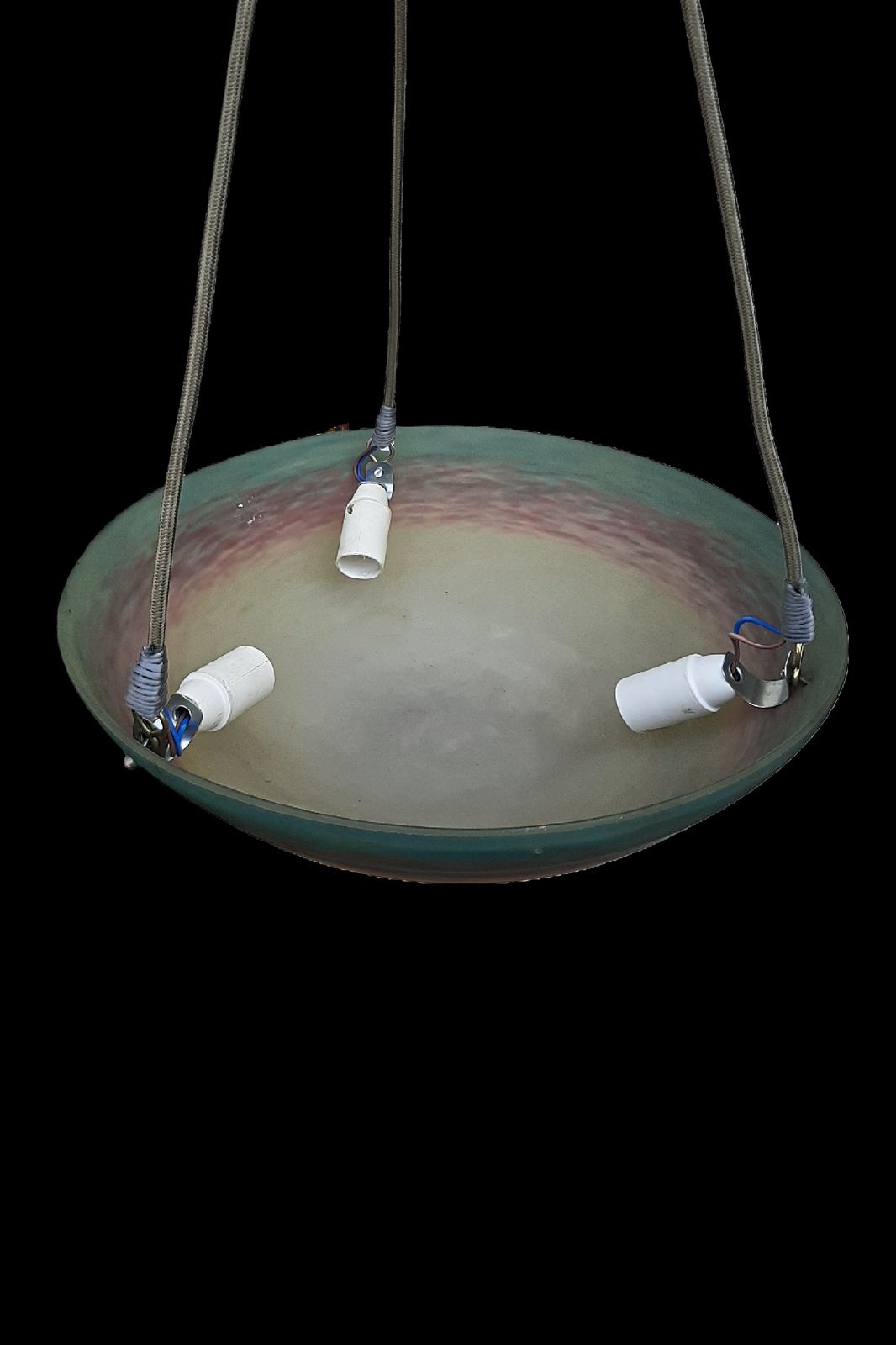 Muller Freres Art Deco Pendant Light Mottled Glass Shade In Unique Turquoise And Orange Tints, Rewired With 3 Sockets France 1930s photo for sale