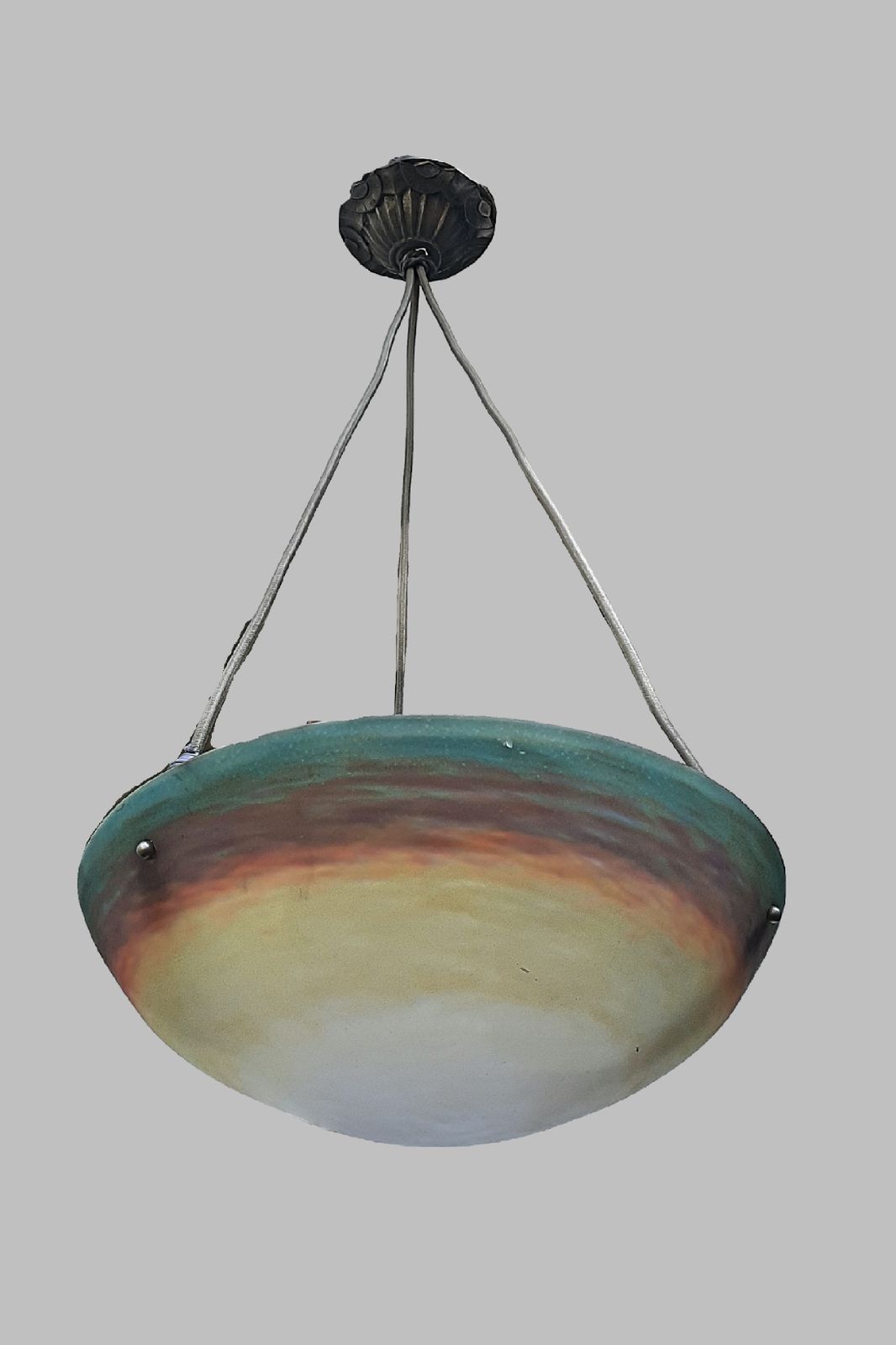 Muller Freres Art Deco Pendant Light Mottled Glass Shade In Unique Turquoise And Orange Tints, Rewired With 3 Sockets France 1930s photo Lighting
