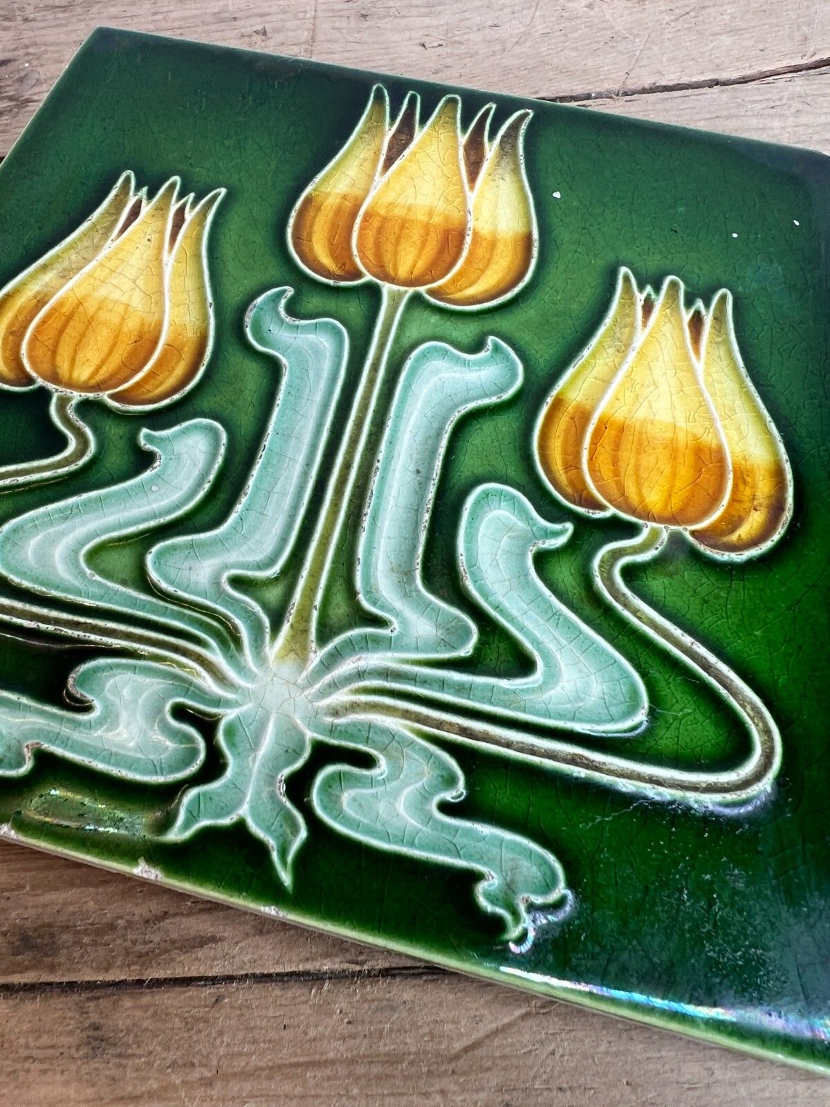 Antique Fireplace Tile Triple Tulip Gibbons Hinton & Co English 1906 Good Cond photo for sale
