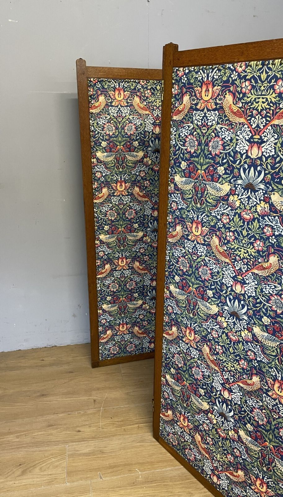 photo furniture Arts And Crafts Oak Three Panel Screen In William Morris Strawberry Thief Velvet Fabric