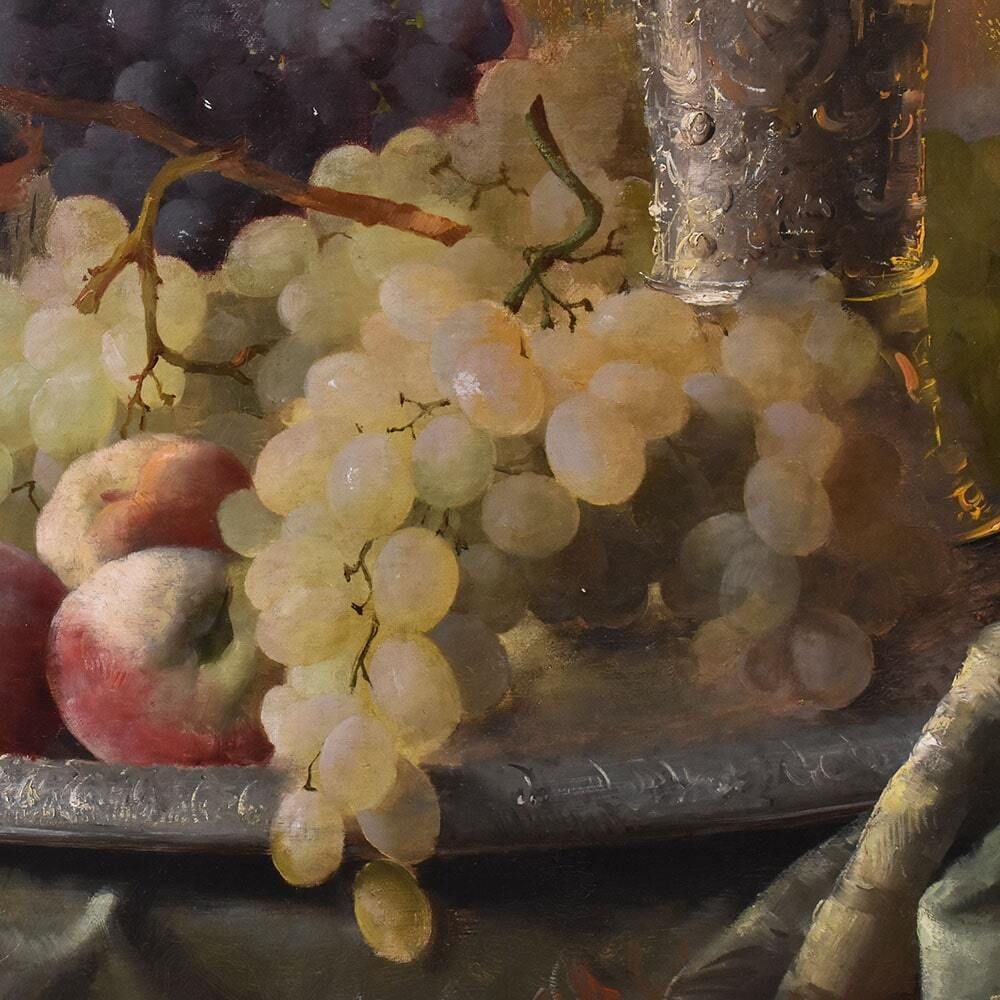 Still Life Oil Painting, Still Life With Fruit, Grapes And Peaches, Oil On Canvas, Antique Painting, XIX Century. photo Art