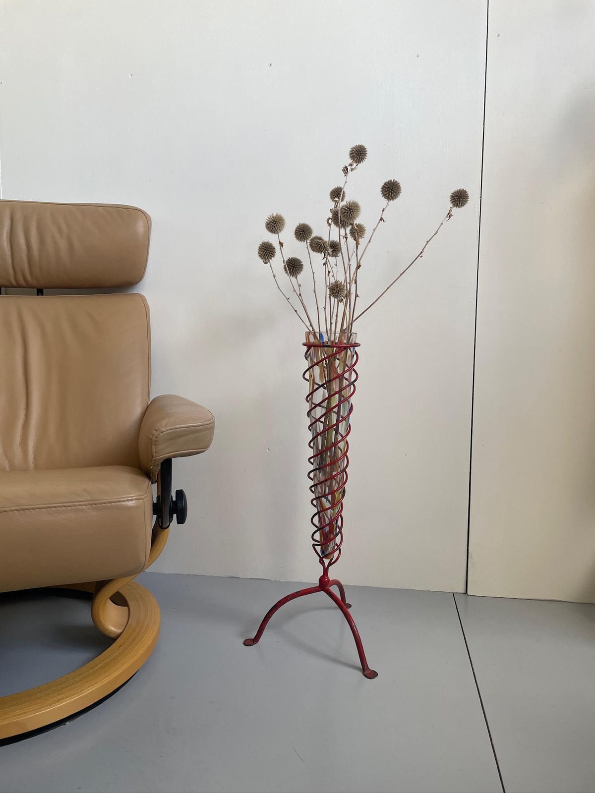 Large Painted Conical Glass Floor Vase And Red Ironwork Spiral Industrial Frame