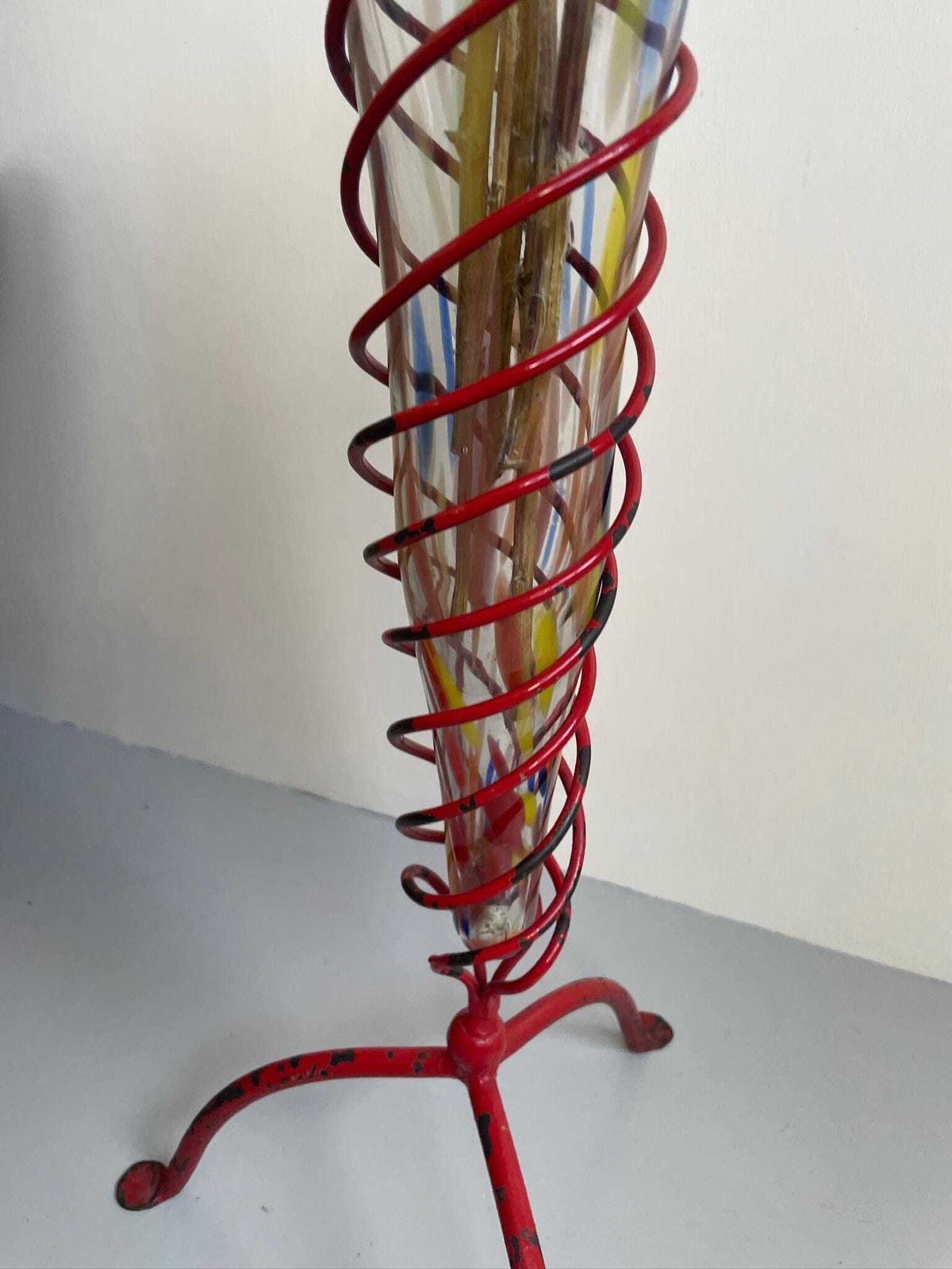 Large Painted Conical Glass Floor Vase And Red Ironwork Spiral Industrial Frame photo for sale
