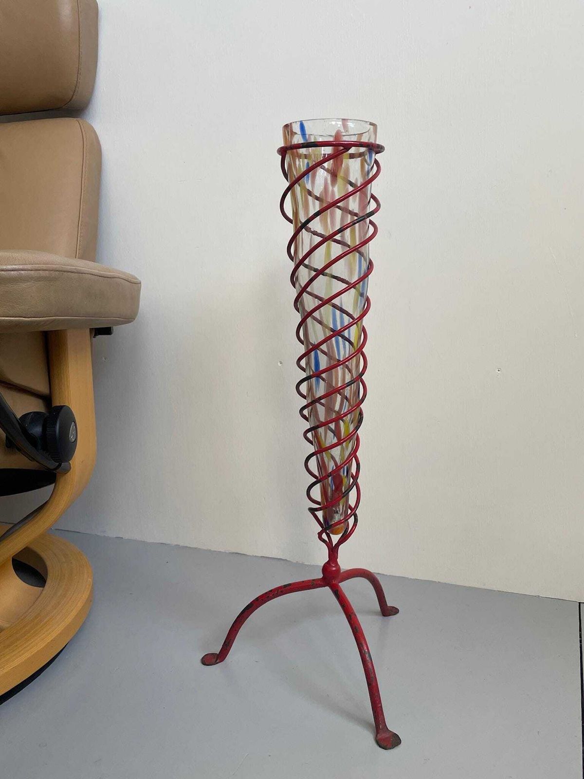 Large Painted Conical Glass Floor Vase And Red Ironwork Spiral Industrial Frame photo 195.0