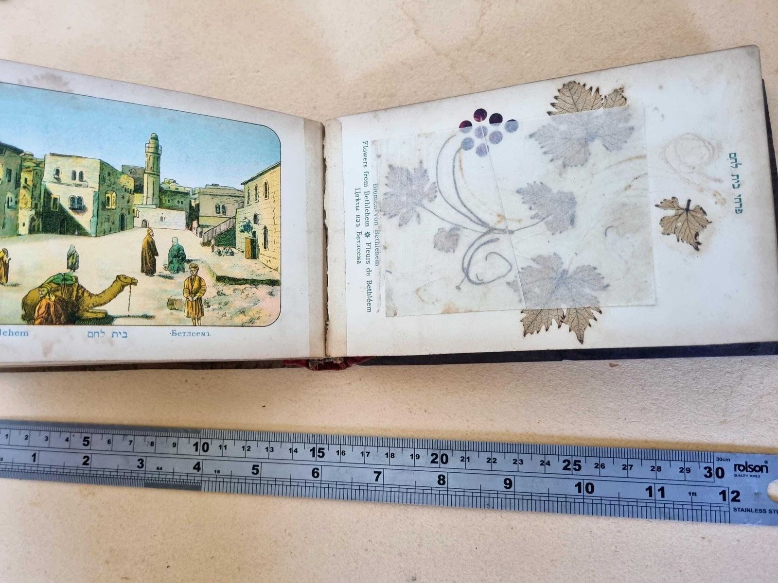 photo furniture Holy Land Jerusalem Flowers Album With Romantic Inscription Dedication 1918, Olive Wood Souvenir Book | Historical Pressed Flower Lithograph