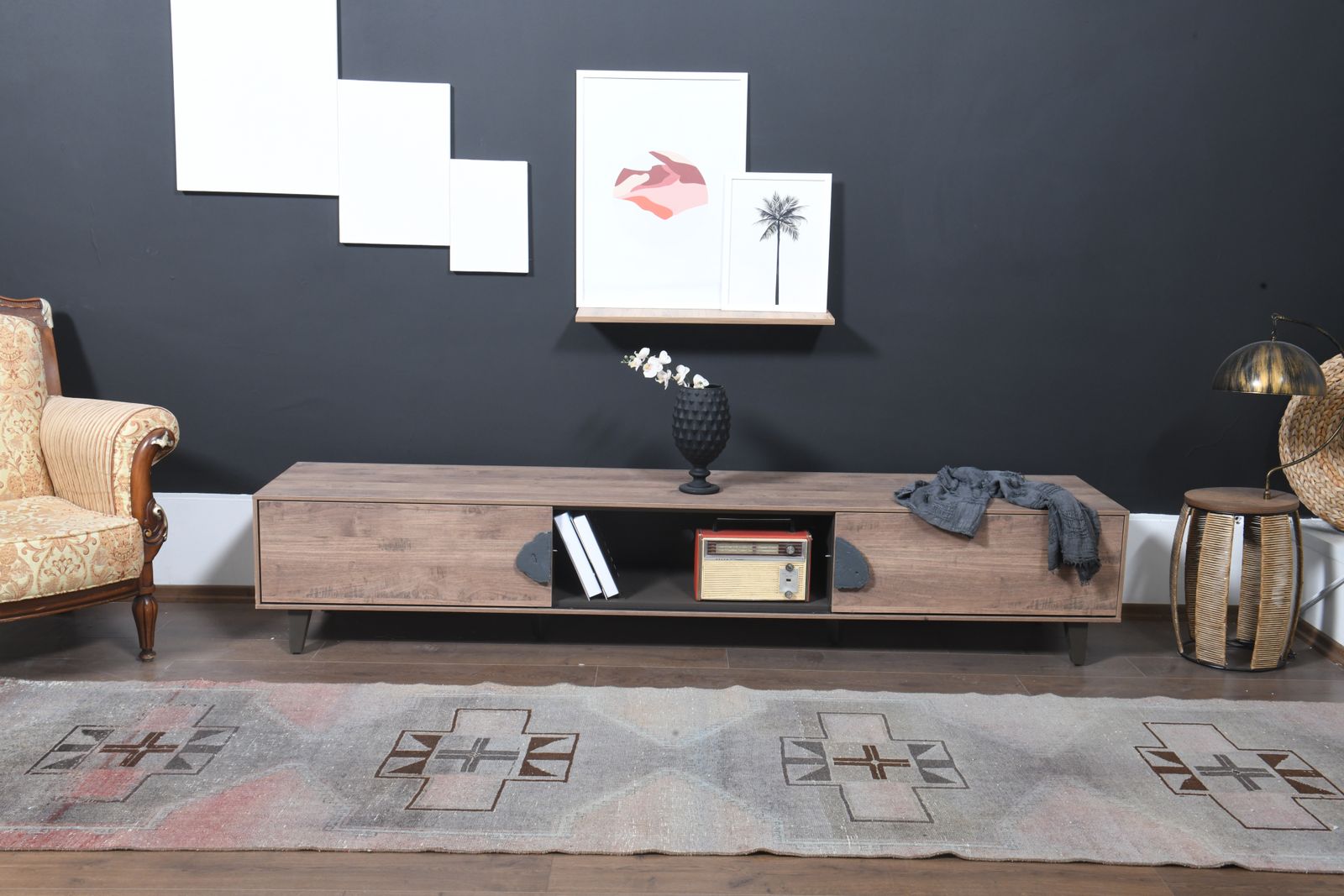 photo furniture 3'2x12'3 Ft, Unique Wool Vintage Turkish Runner, Handmade Oushak Rug, Grey Color, Root Dye, Washable, Stair Decor, Hallway Decor, Kitchen Decor, 3x12