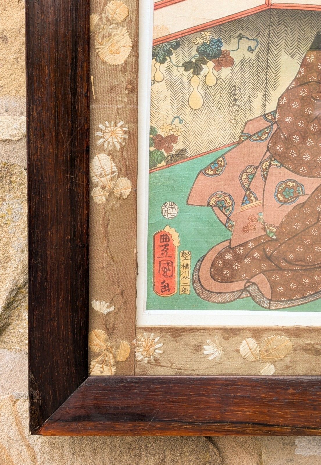 Antique Japanese Woodblock Print  Rosewood Frame And Silk Brocade Mount photo buy