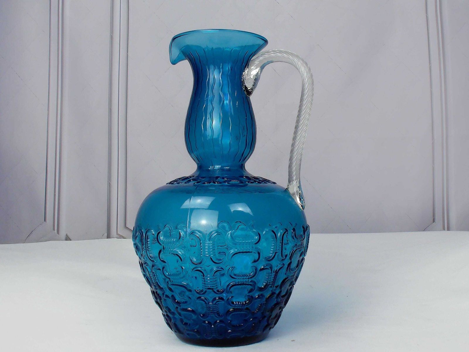 Mid Century 1950 Positano Blue Glass Decanter Bottle, Made In Toscana, Italian Glass, Blue Textured Glass With Twisted Glass Handle photo for sale