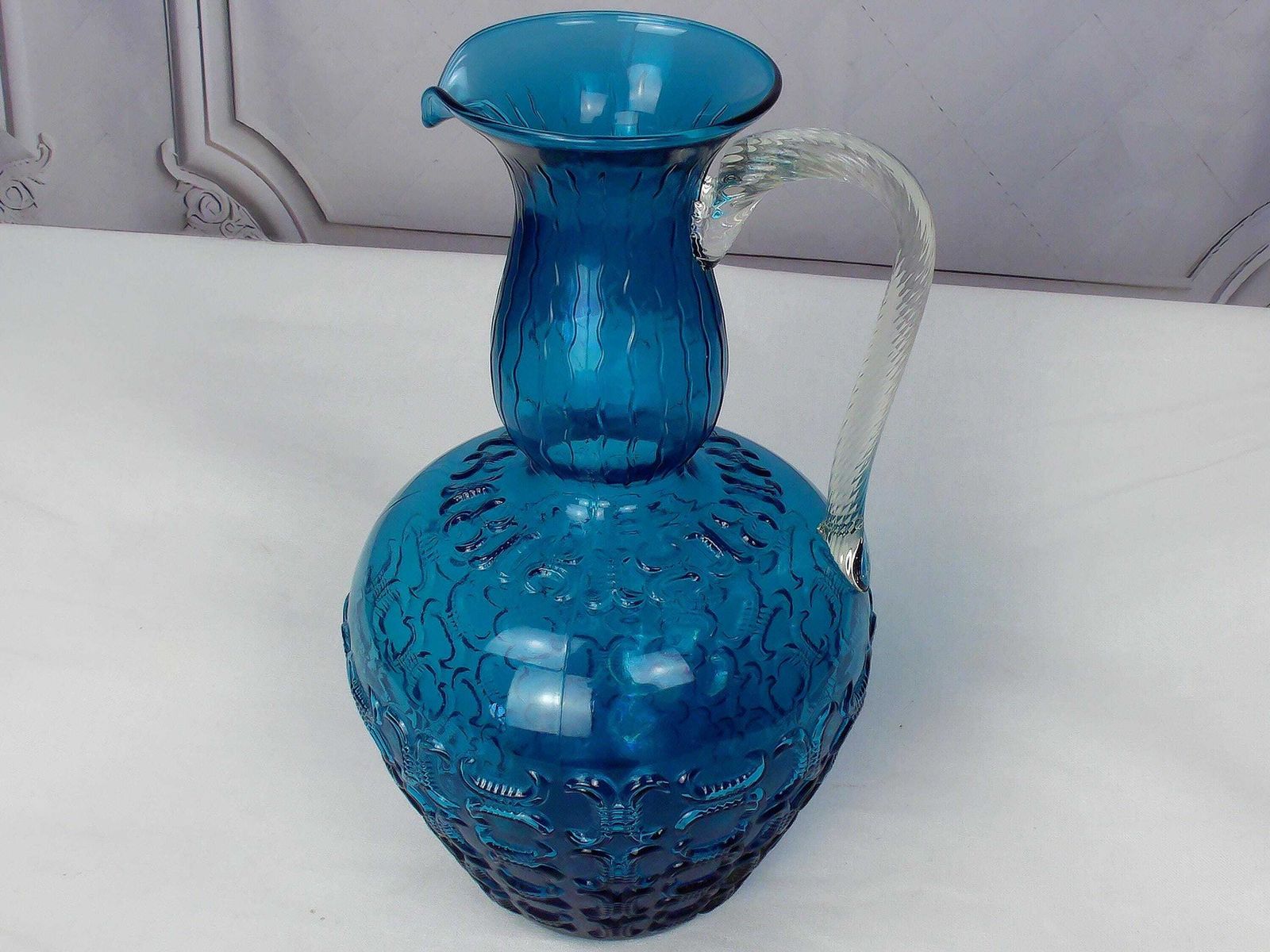 Mid Century 1950 Positano Blue Glass Decanter Bottle, Made In Toscana, Italian Glass, Blue Textured Glass With Twisted Glass Handle photo vinterior