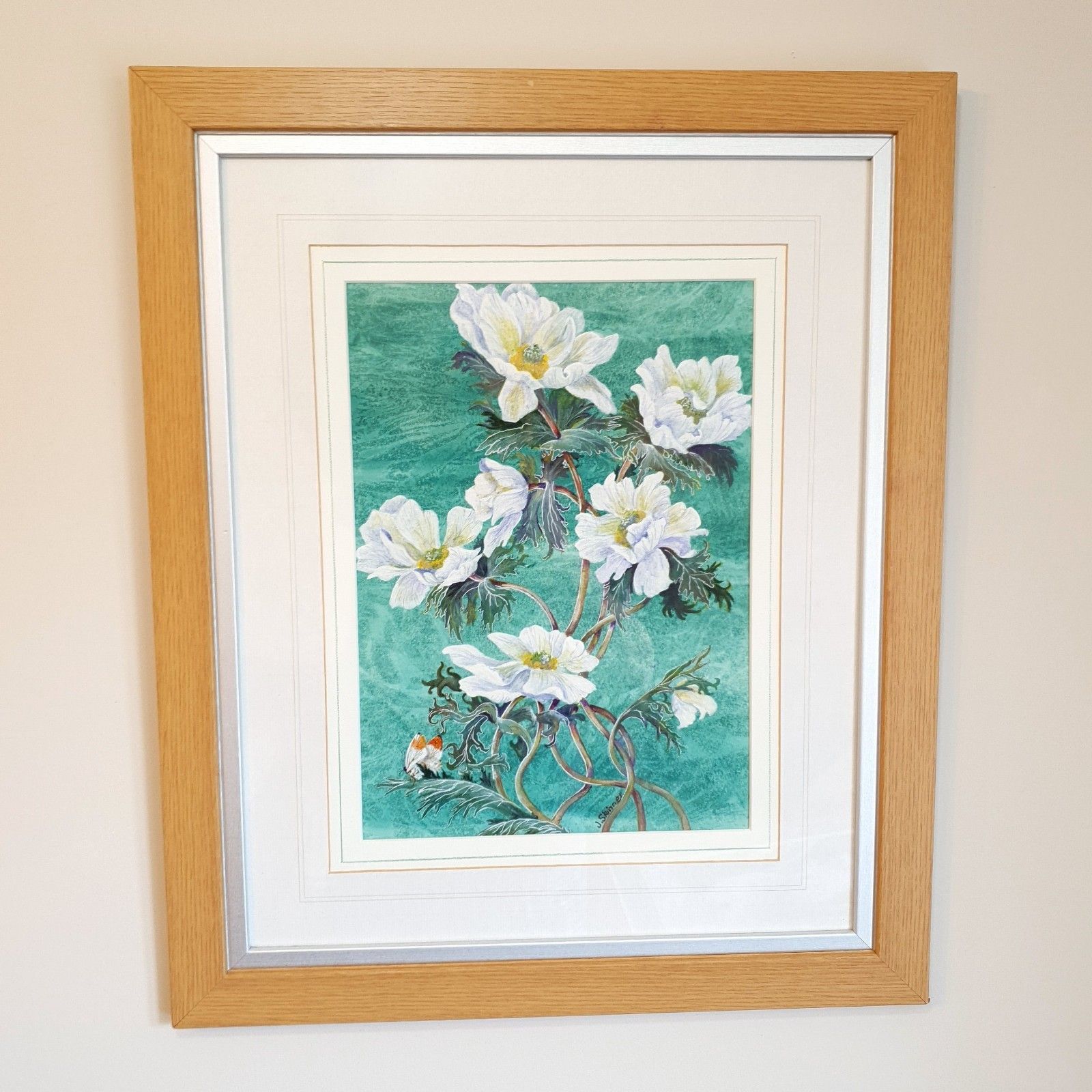 Signed Watercolour Flowers Original Painting June G. Skinner Framed Green Large