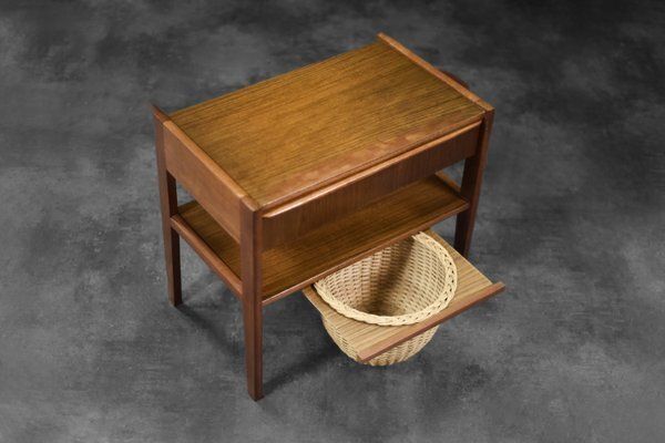 Vintage Danish Modern Teak Thread Side Table With Wicker Basket, 1960s photo Furniture