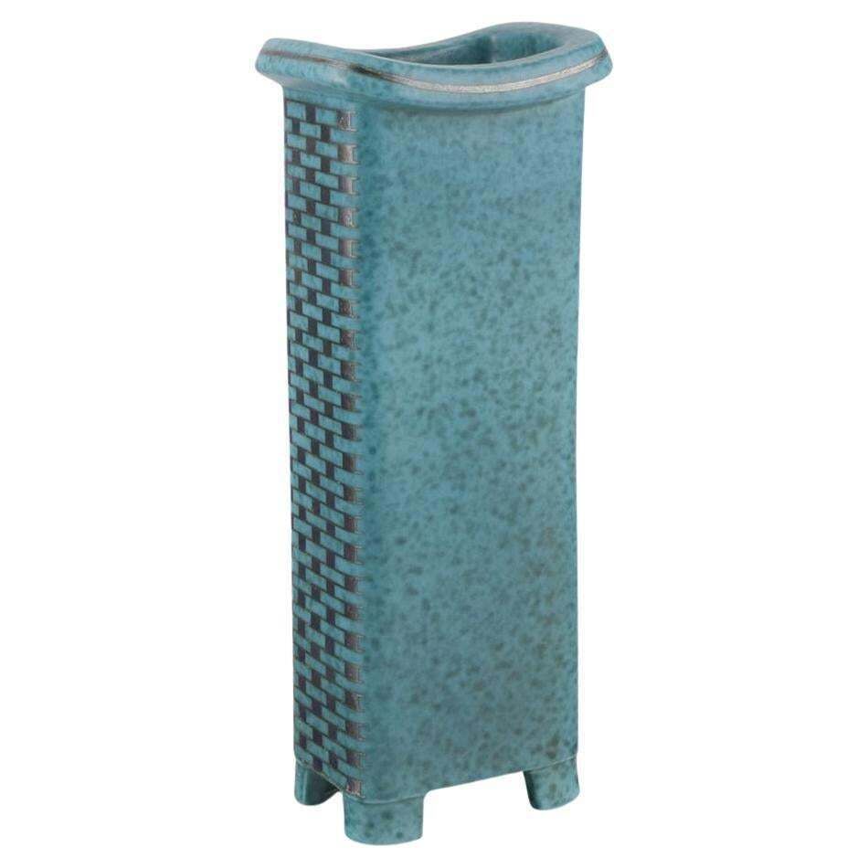 Wilhelm Kåge For Gustavsberg. Tall Square Art Deco Ceramic Vase On Feet.