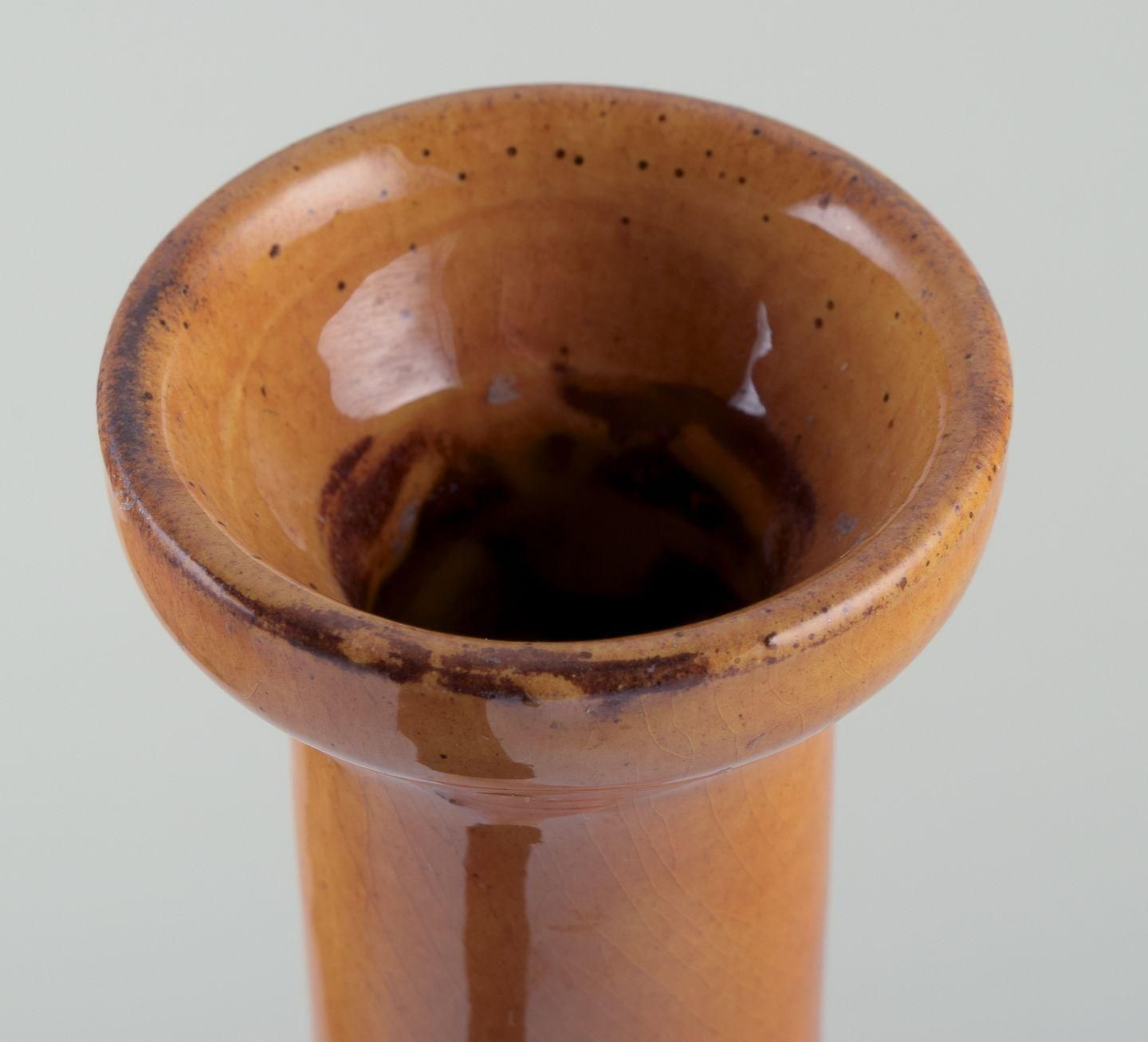 Biot, France. Unique Floor Vase In Ceramic With Narrow Neck. Ochre Yellow Glaze. photo buy
