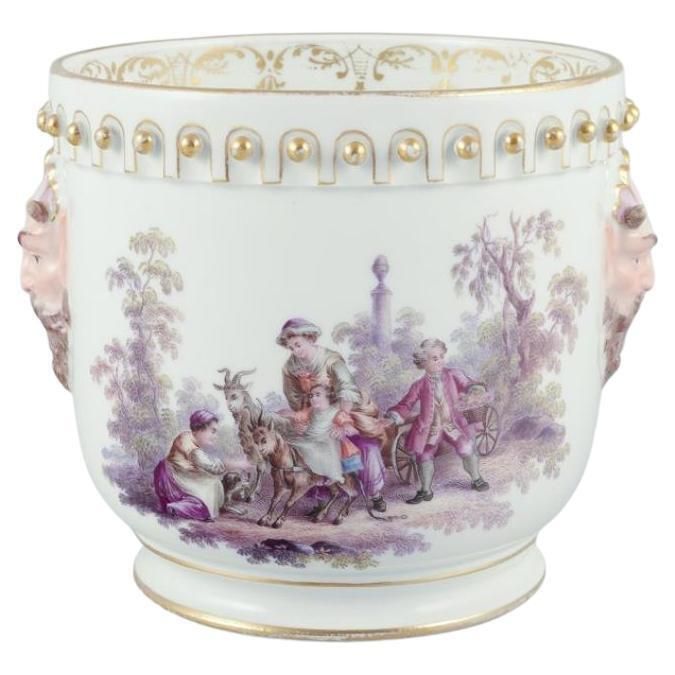 Antique Meissen Flowerpot In Porcelain. With Motif Of Faun And Bucolic Scenes.