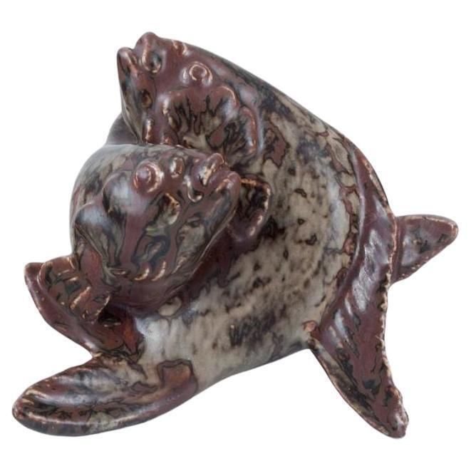 Hugo Liisberg For Saxbo, Denmark. Ceramic Sculpture Of Two Fish. Sung Glaze.