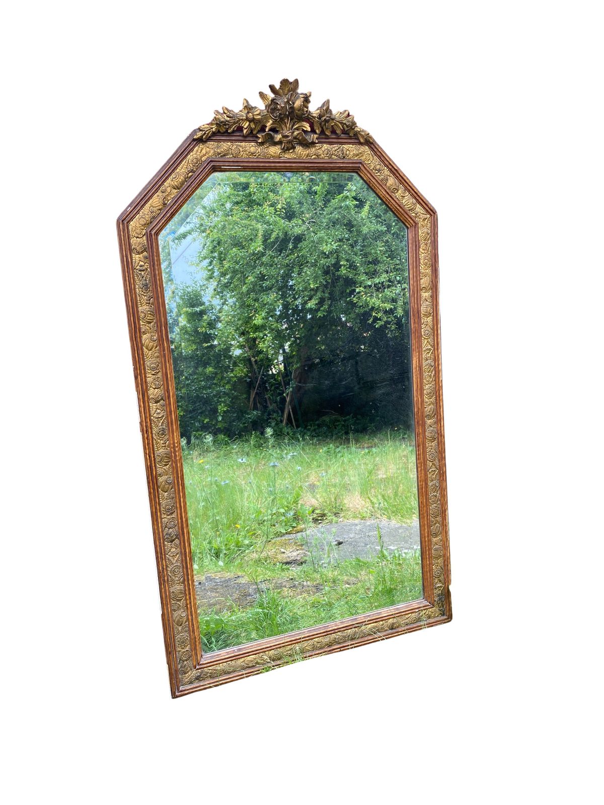 Large Gilded Wood Mirror, Louis XVI   Art Nouveau Transition Style, Bevelled Glass, Late 19th Century
