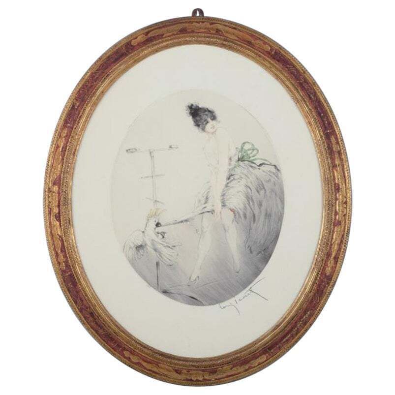 Louis Icart (1888 1950). Etching On Paper. Lady In A Short Dress With A Cockatoo
