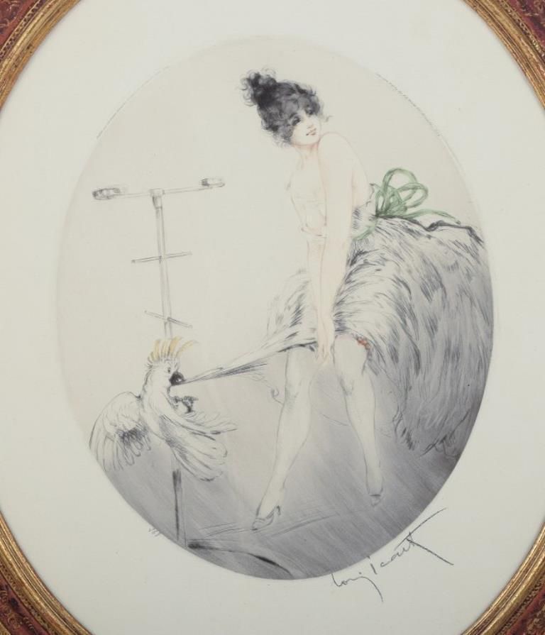 Louis Icart (1888 1950). Etching On Paper. Lady In A Short Dress With A Cockatoo photo furniture
