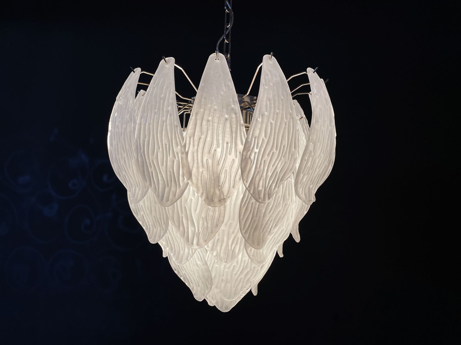 Italian Vintage Murano Chandelier   Frosted Carved Glass Leaves photo Lighting
