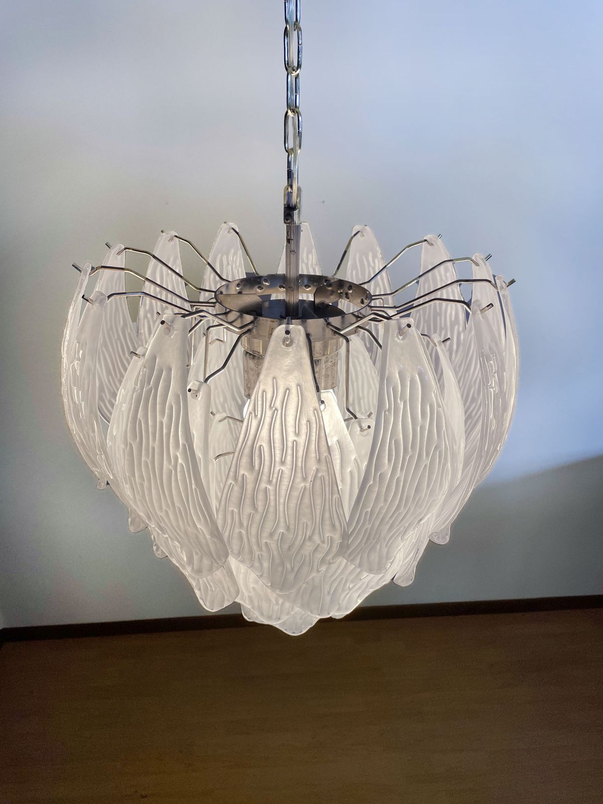 Italian Vintage Murano Chandelier   Frosted Carved Glass Leaves photo 920.0