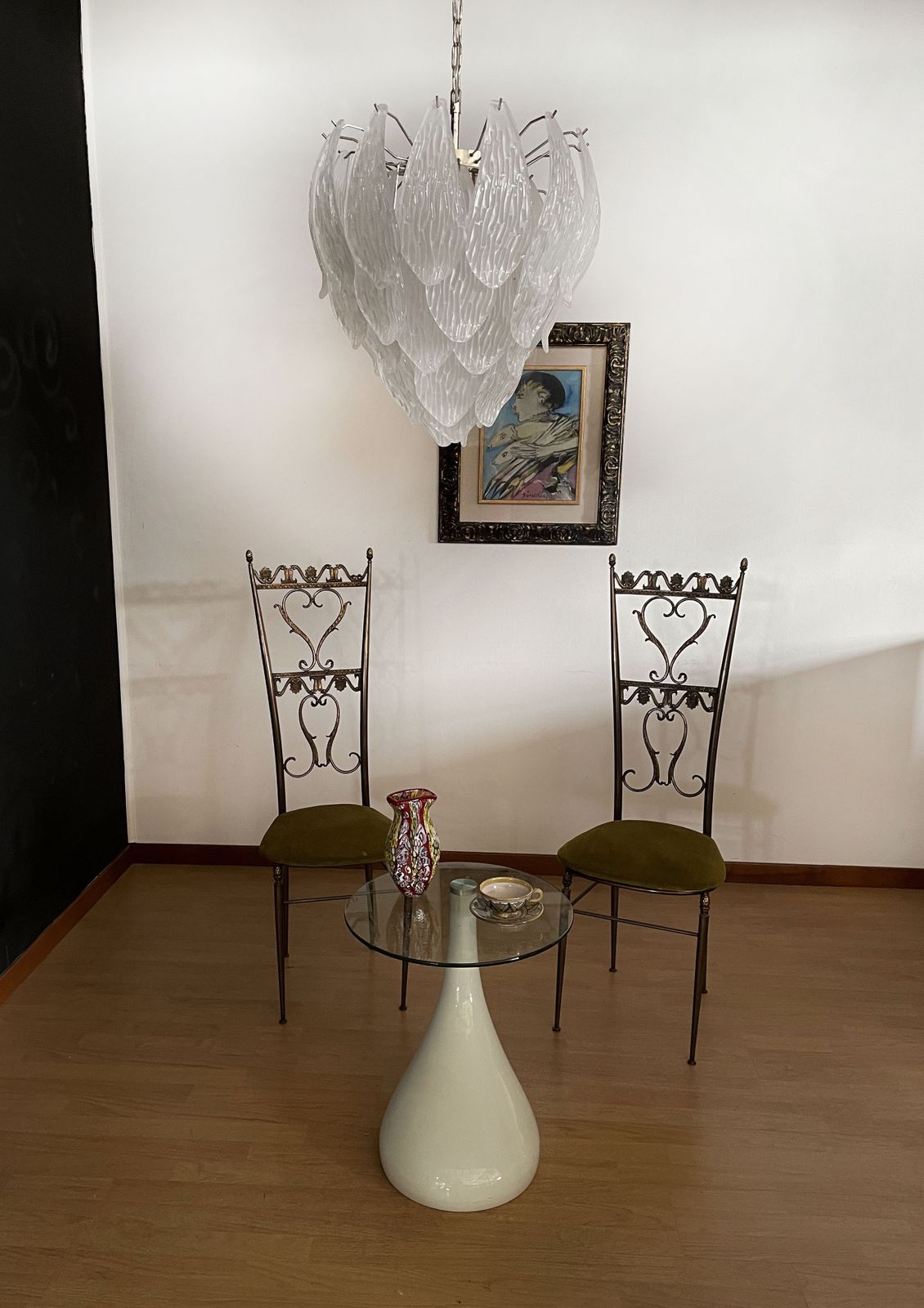 920.0 Italian Vintage Murano Chandelier   Frosted Carved Glass Leaves photo