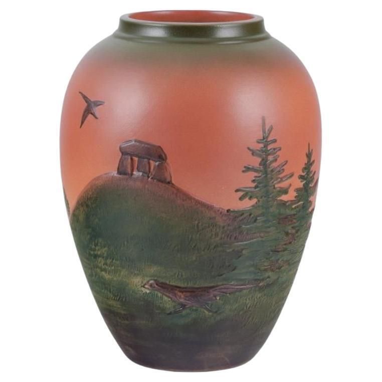 Ipsen's Denmark.  Vase In Glazed Ceramic With Motif Of Landscape.