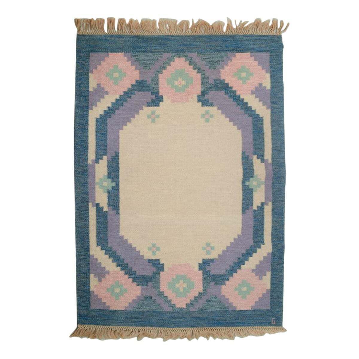 Swedish Carpet In Pure Wool. Geometric Pattern In Blue, White, And Pink Colors.