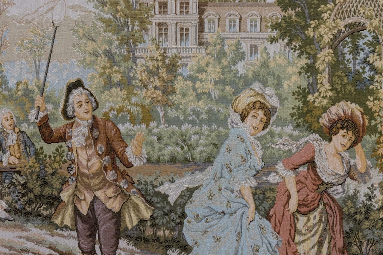 French Vintage Tapestry Gallant Scene By Jp Paris Panneaux Gobelins photo vinterior