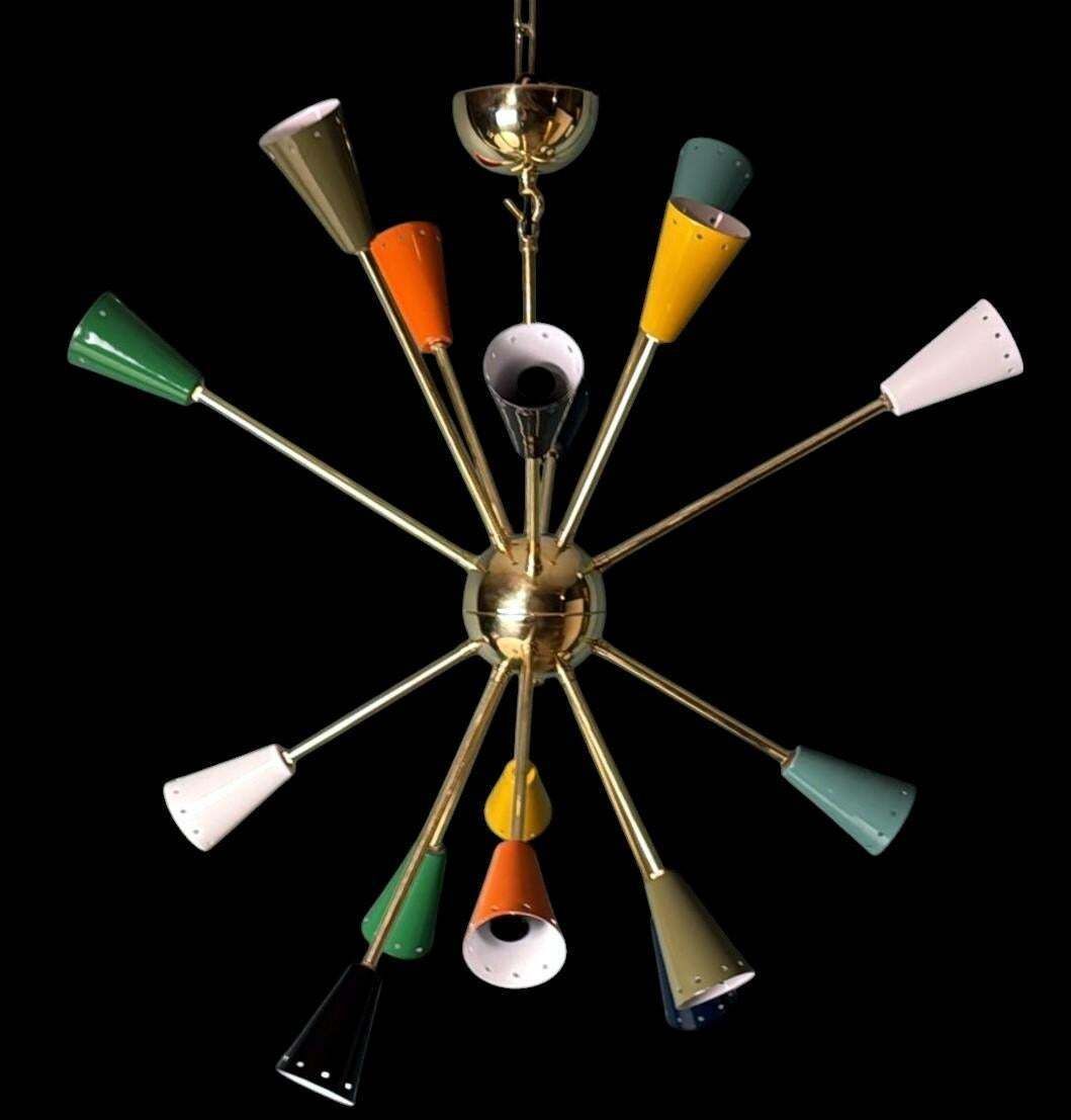 Stilnovo Style Italian Sputnik Chandelier In Brass And Multicolor Enameled Metal photo for sale