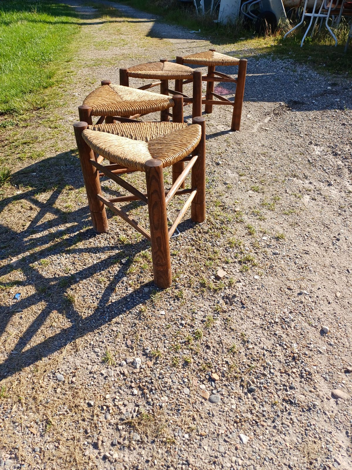 4 Vintage Perriand Tripod Triangle Wooden And Straw Stools Circa 1950 photo furniture