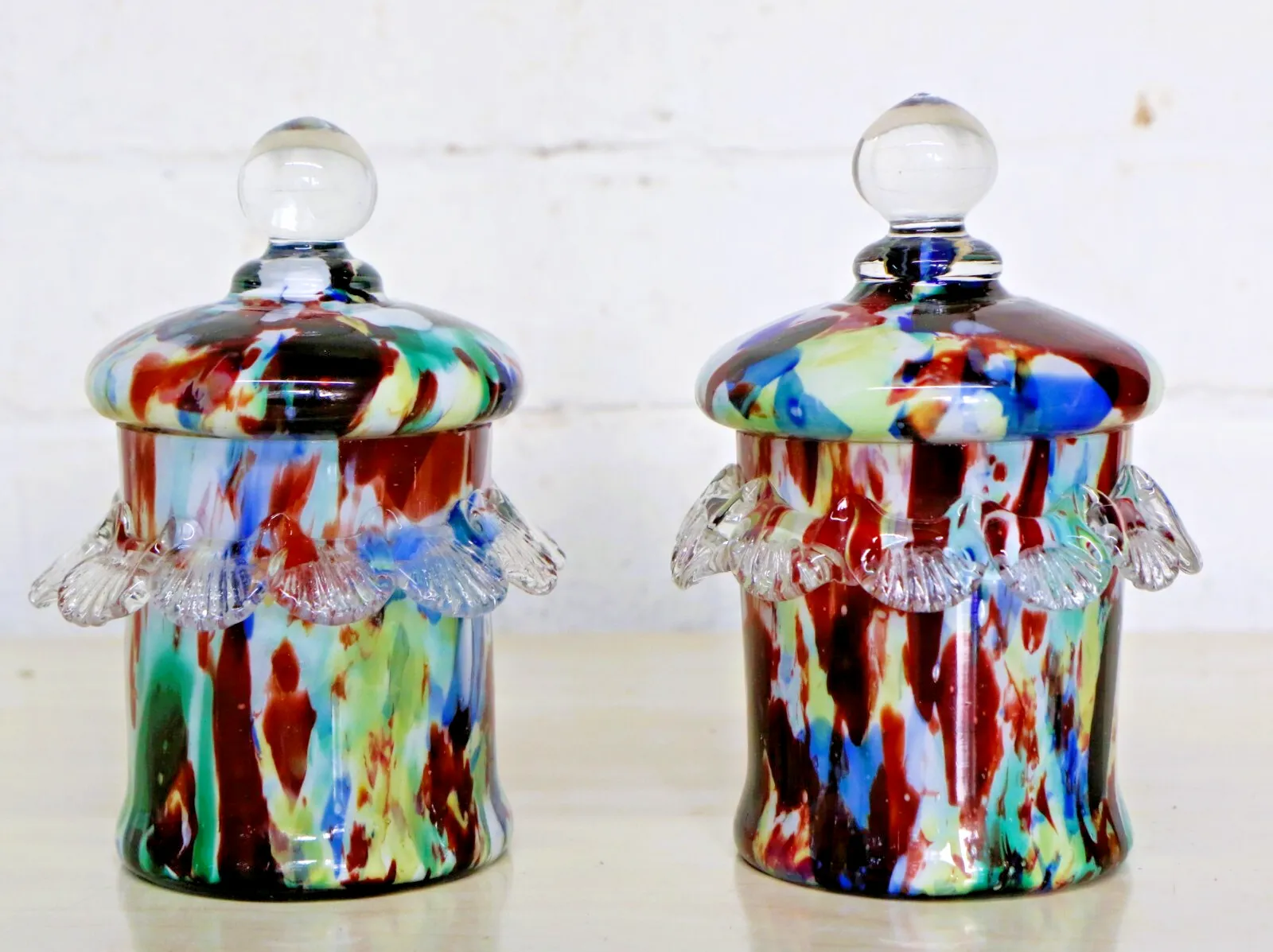 Franz Welz Pair Of Splatter Glass Bohemian Glass Lidded Pots Antique C.1890’s