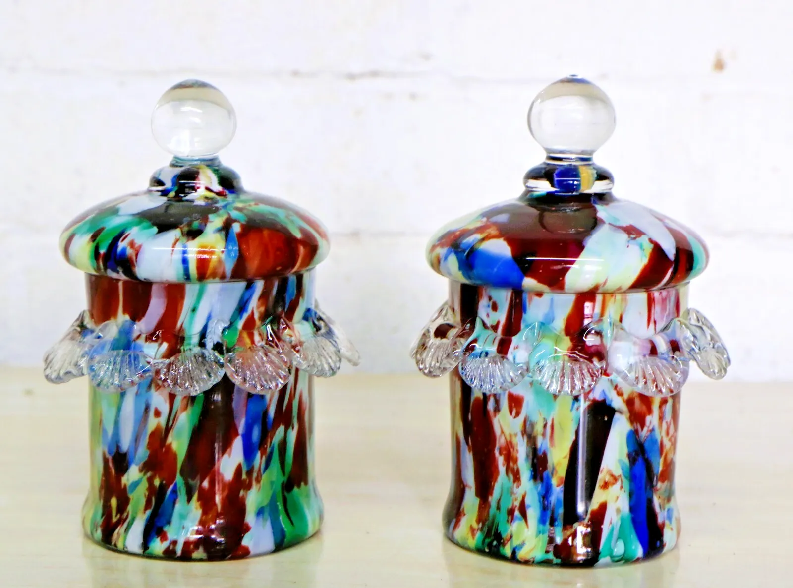 Franz Welz Pair Of Splatter Glass Bohemian Glass Lidded Pots Antique C.1890’s photo furniture