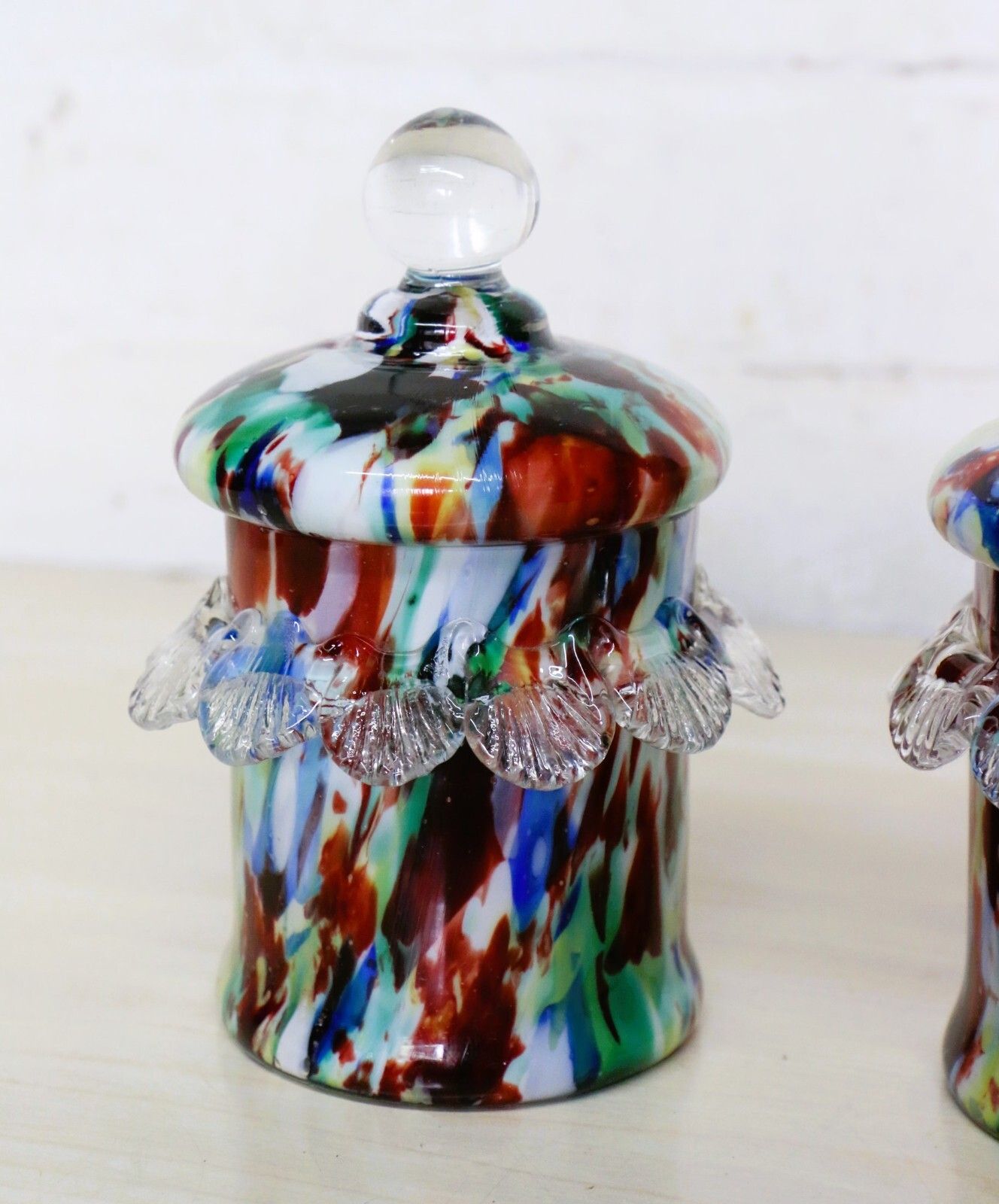 Franz Welz Pair Of Splatter Glass Bohemian Glass Lidded Pots Antique C.1890’s photo for sale