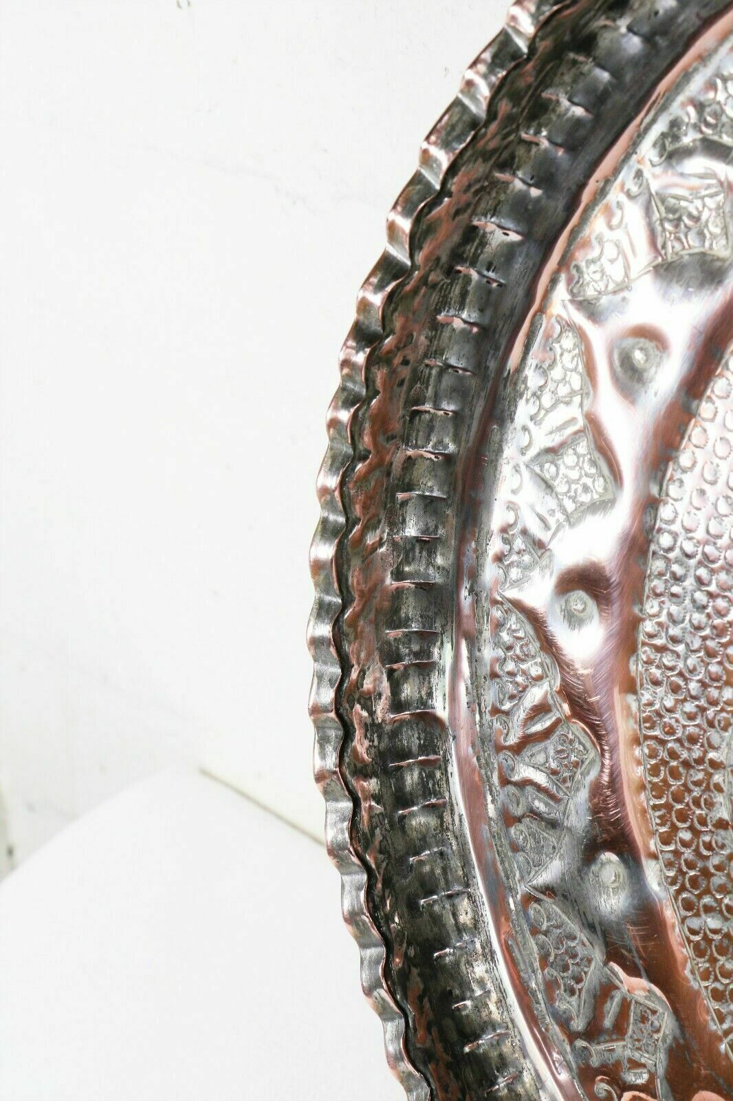 Antique Copper Tray Indian Hindu Wall Hanging Chased Figural Ethnic Decoration photo for sale