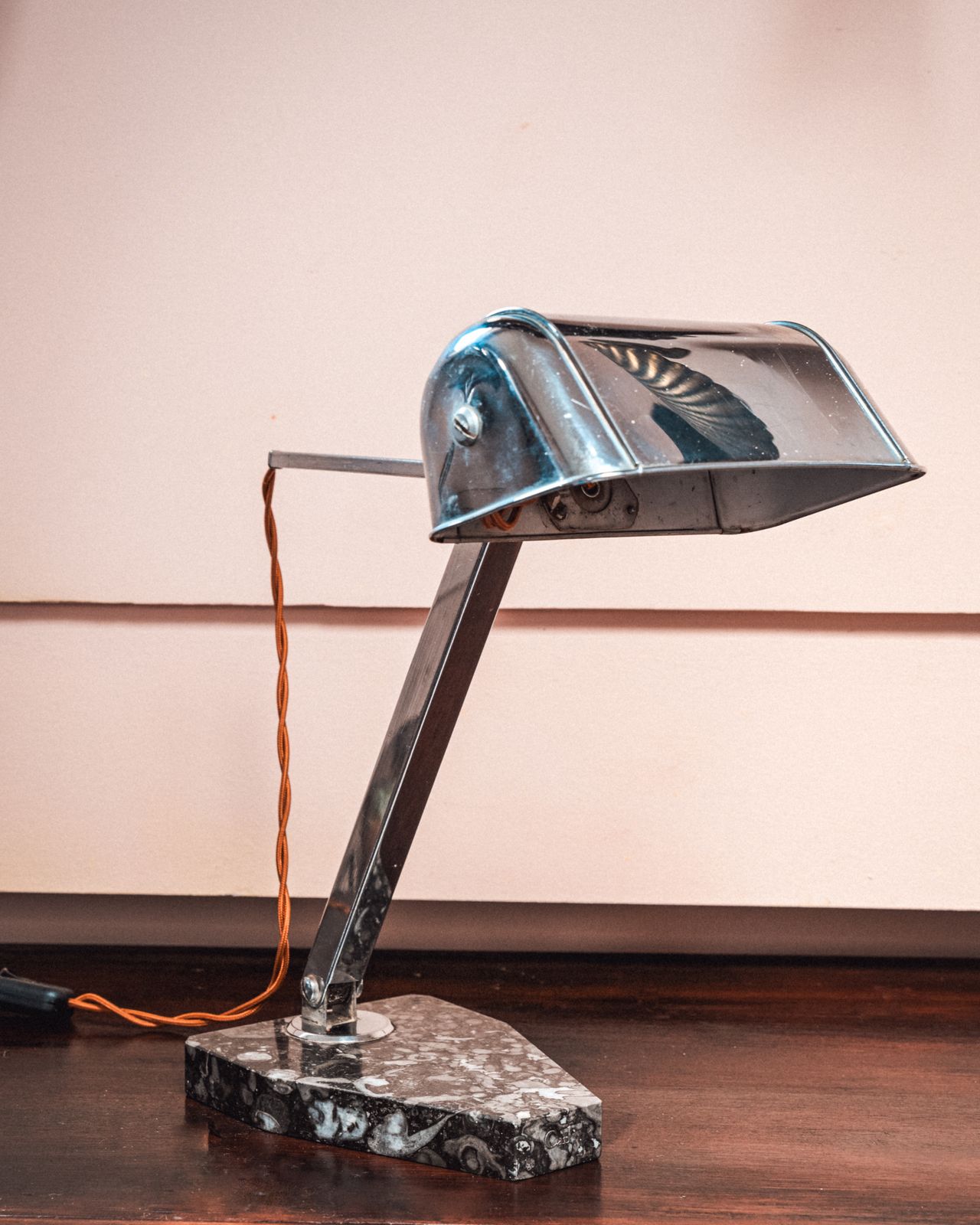 Chrome And Black Fossil Marble Base Art Deco Desk Lamp    Artisanat Francais photo furniture