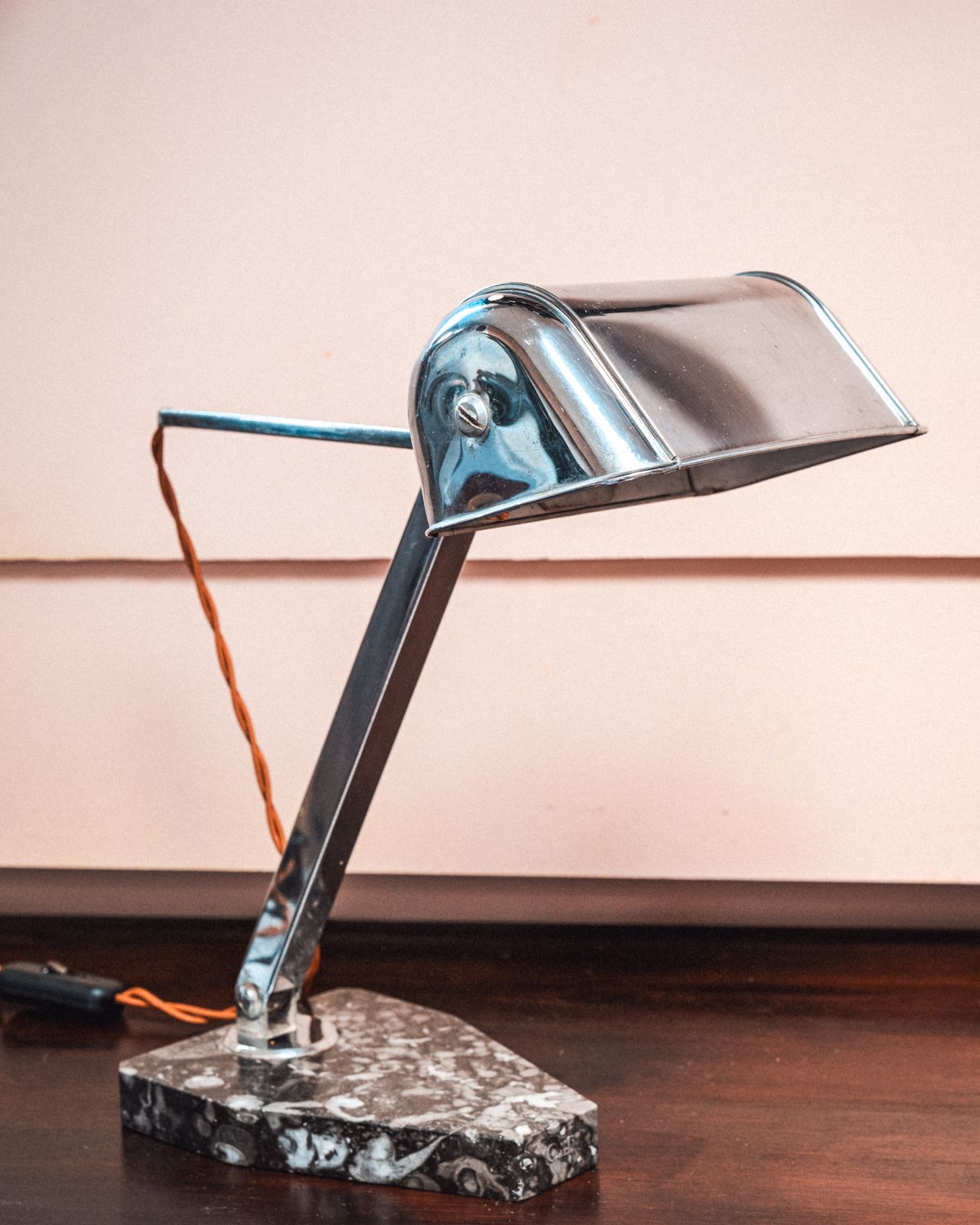 Chrome And Black Fossil Marble Base Art Deco Desk Lamp    Artisanat Francais photo for sale