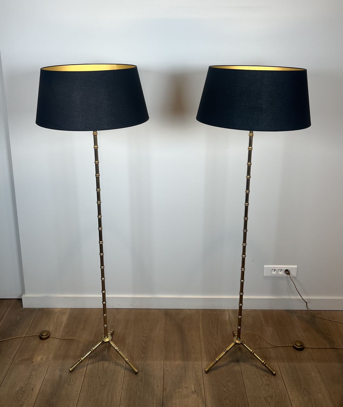 Pair Of Faux Bamboo Floor Lamps In Bronze And Brass By Jacques Adnet