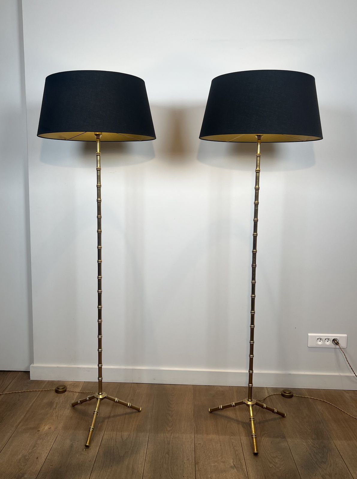 Pair Of Faux Bamboo Floor Lamps In Bronze And Brass By Jacques Adnet photo Lighting
