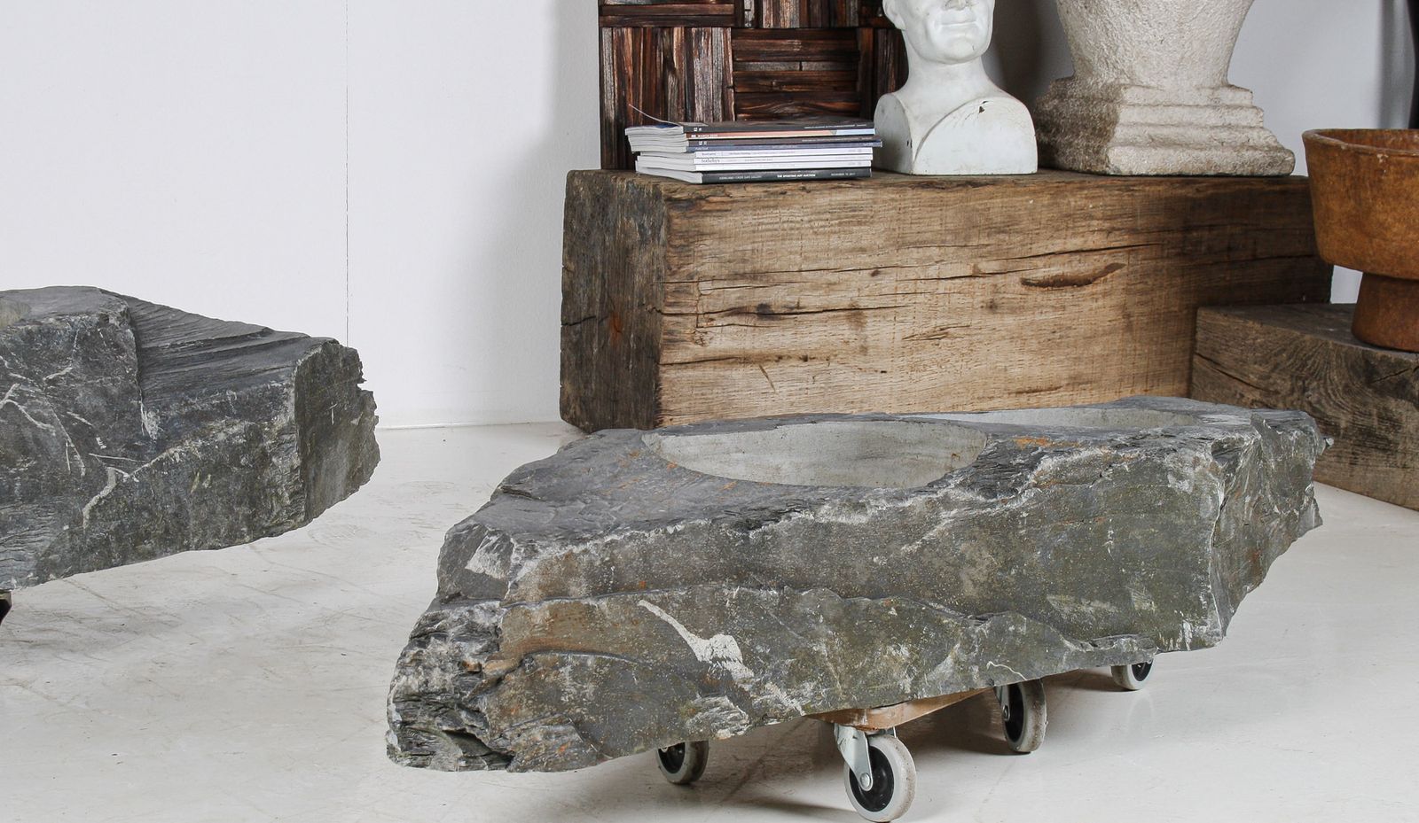 A Pair Of Natural Wabi Sabi Stone Garden Planters – Welsh Slate photo vinterior
