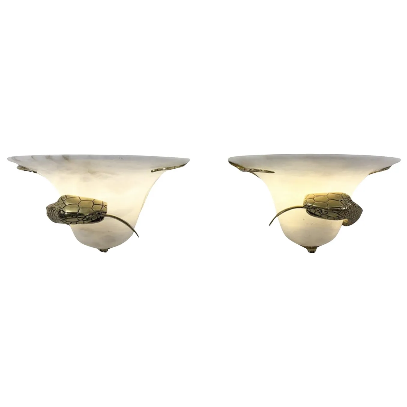 Mid Century Pair Of Snake Wall Lights, Brass And Alabaster, Italy, 1970s