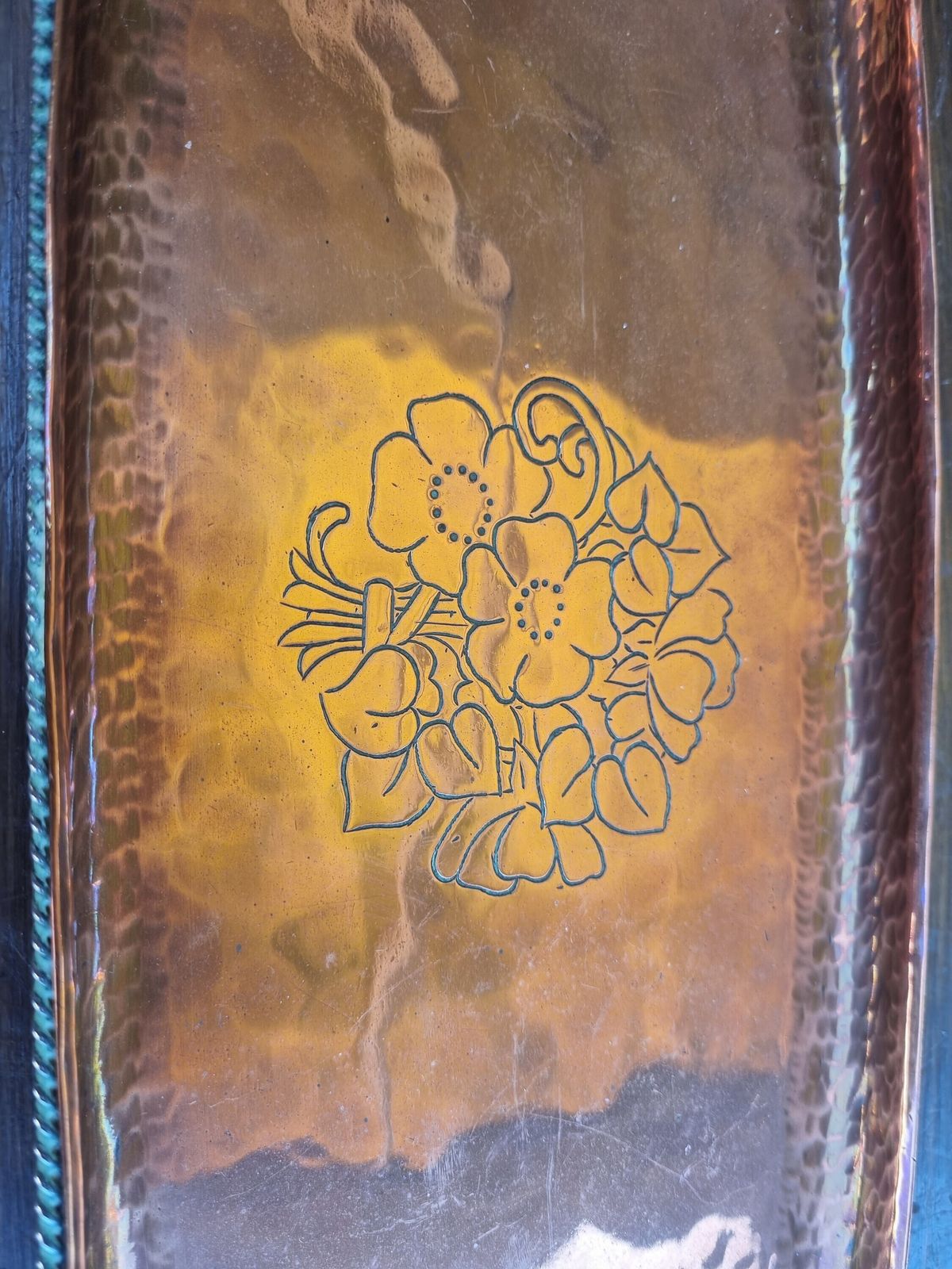 Vintage Hugh Wallis Copper Tray | Arts & Crafts Movement Hammered Metal Serving Platter | Floral Engraved British Handcrafted Design photo Home Decor