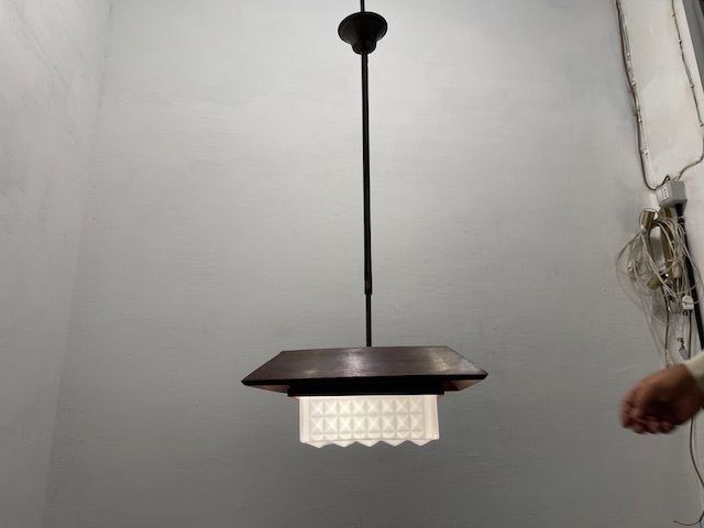 Mid Century Modern Wood, Bronze & Opaline Glass Pendant Light 1950’s photo vinterior