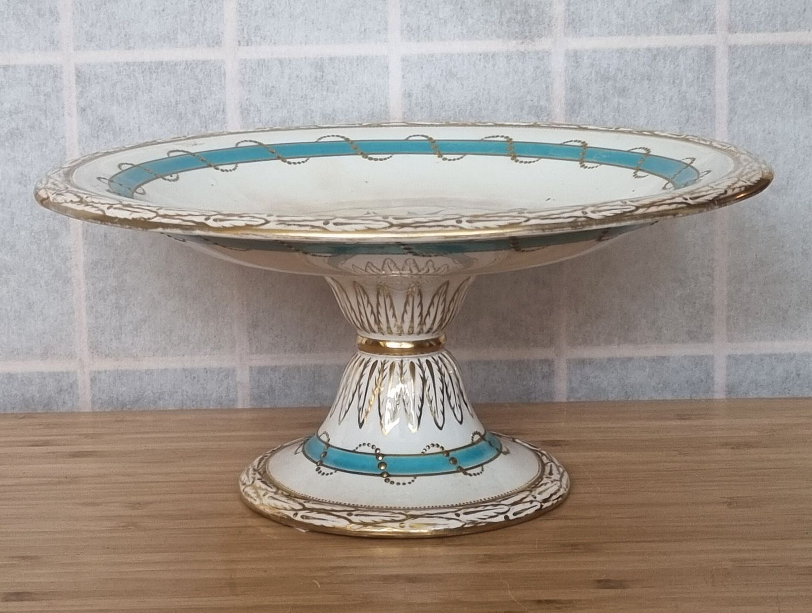 1800s English Porcelain Comport | Antique Moriage Pedestal Cake Stand | Turquoise Band Floral Cyclamen | Victorian Gilt Dessert Plate photo 165.0