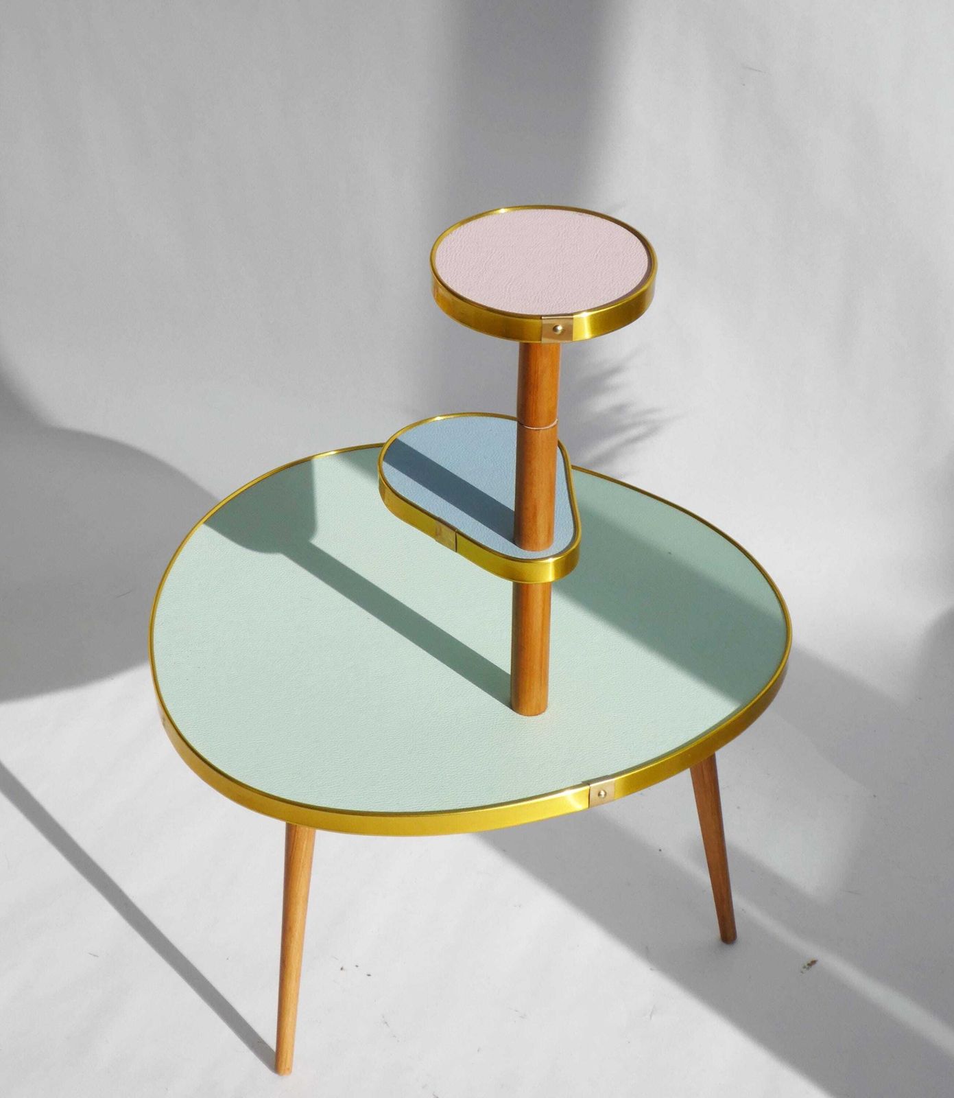 Small Retro Plant Stand With Colourful Tiers, Kidney Outdoor Wooden Plant Stand With Green, Pink, Yellow And White, Side Table photo for sale