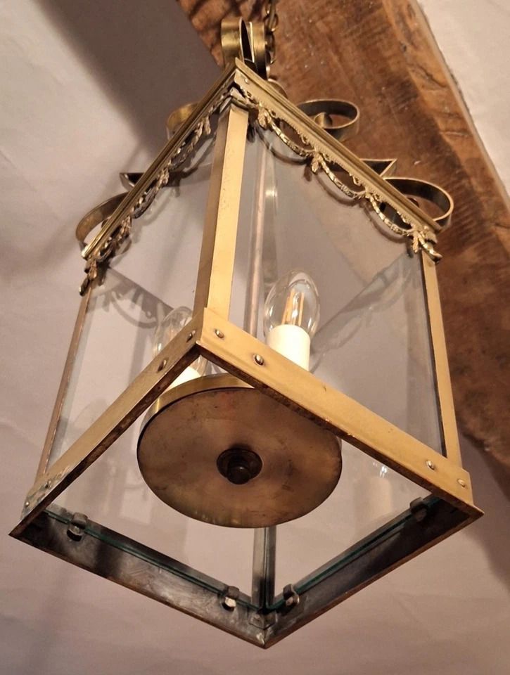 Beautiful Large French Square Brass & Glass Antique Hall Lantern/ Chandelier photo furniture