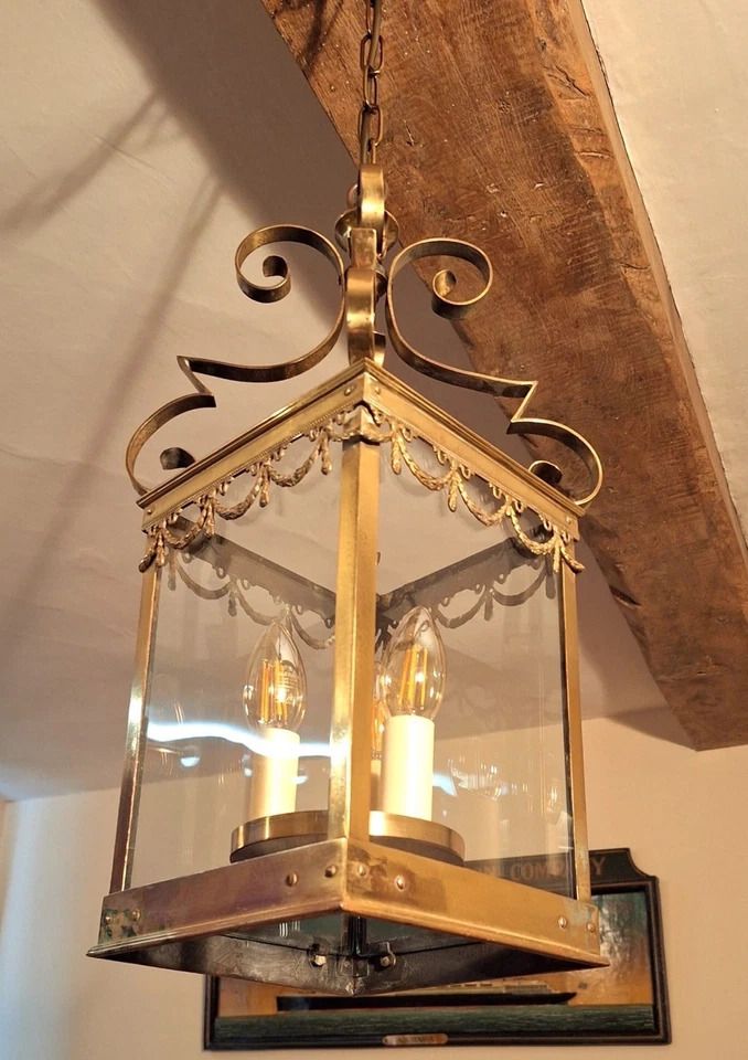 Beautiful Large French Square Brass & Glass Antique Hall Lantern/ Chandelier photo Lighting