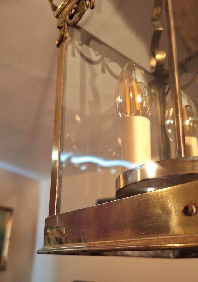 Beautiful Large French Square Brass & Glass Antique Hall Lantern/ Chandelier photo vintage