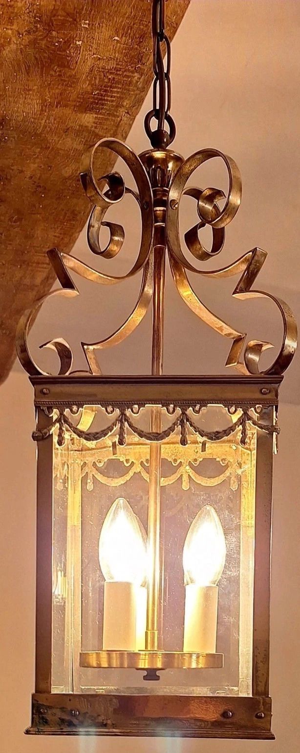 photo furniture Beautiful Large French Square Brass & Glass Antique Hall Lantern/ Chandelier