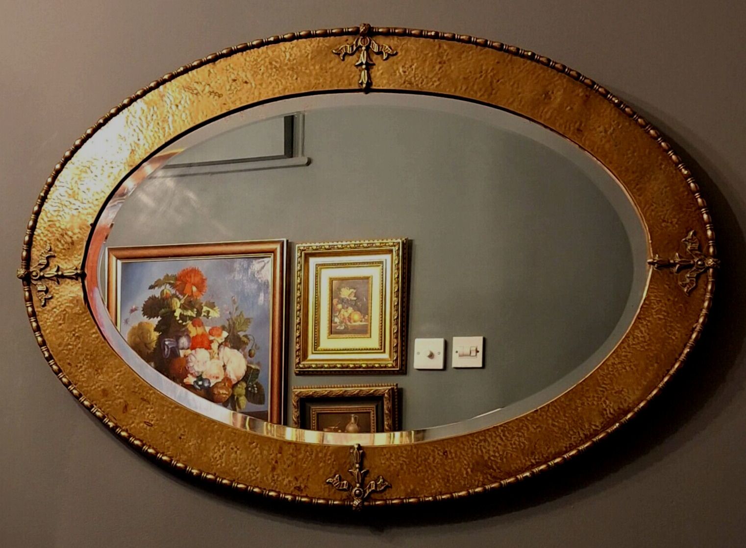 Stunning Rare Large Arts & Crafts Hammered Brass Oval Bevelled Edge Wall Mirror photo furniture
